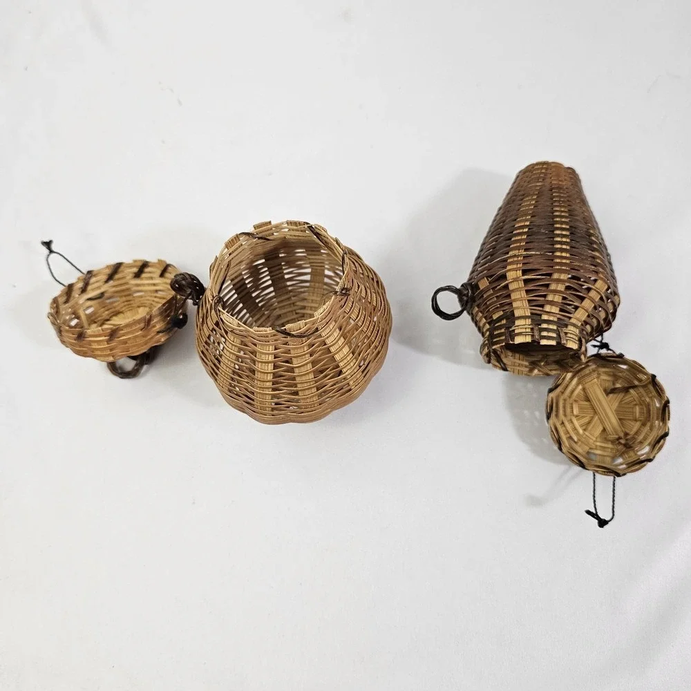 Miniature Pine Needle Baskets Grenade Cricket Cage Design Folk Art Lot Of 2 Vtg